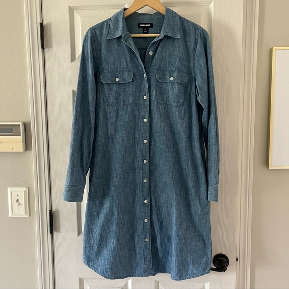 Lands’ End Chambray Button Down Shirt Dress | 100% Cotton | Size 10 - Picture 3 of 10